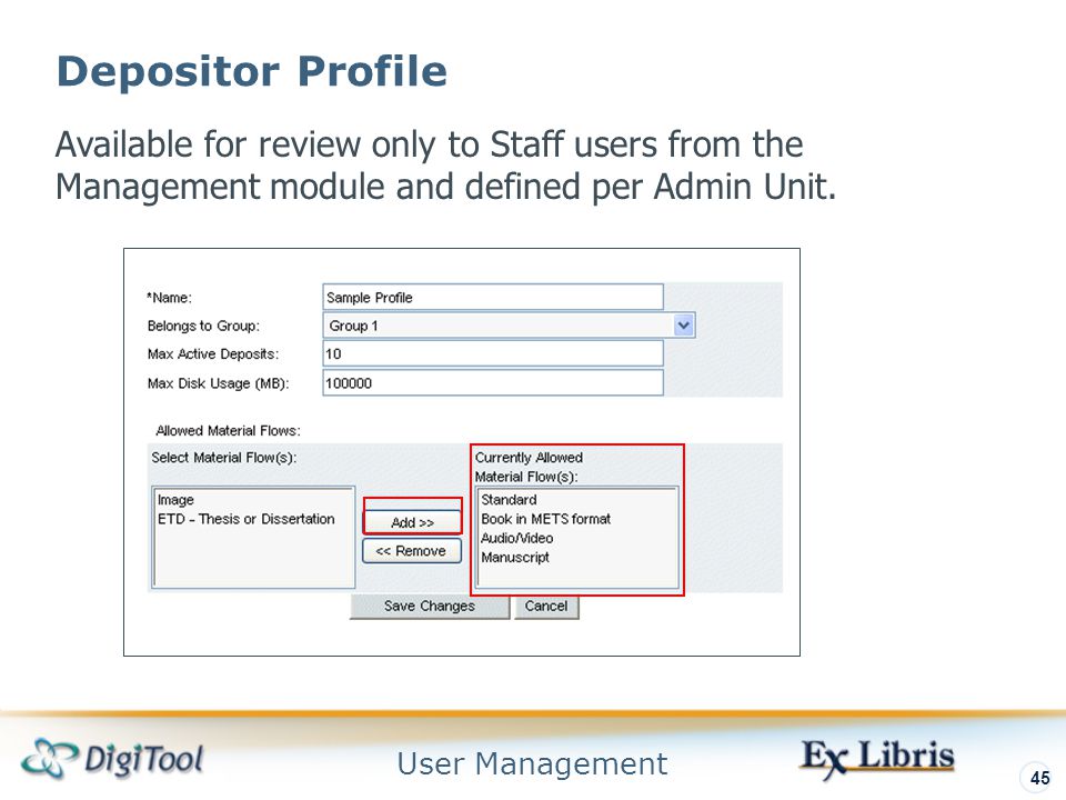 User Management 45 Depositor Profile Available for review only to Staff users from the Management module and defined per Admin Unit.