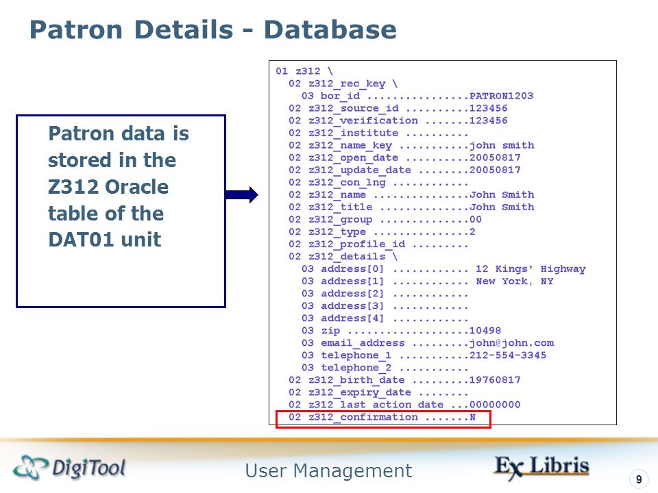 User Management 9 Patron Details - Database Patron data is stored in the Z312 Oracle table of the DAT01 unit