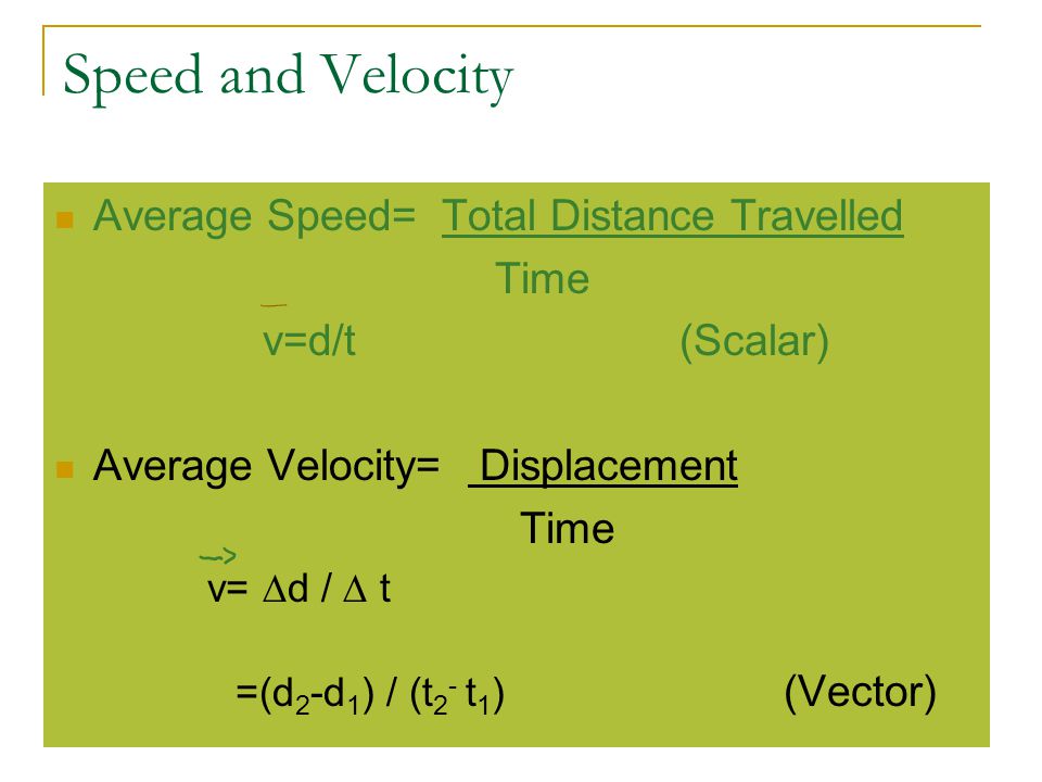 Speed and Velocity Average Speed= Total Distance Travelled Time v=d/t(Scalar) Average Velocity= Displacement Time v=  d /  t =(d 2 -d 1 ) / (t 2 - t 1 ) (Vector)