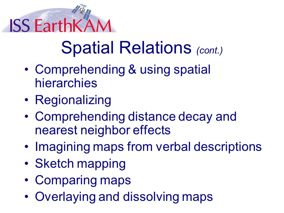 Spatial Relations (cont.) Comprehending & using spatial hierarchies Regionalizing Comprehending distance decay and nearest neighbor effects Imagining maps from verbal descriptions Sketch mapping Comparing maps Overlaying and dissolving maps