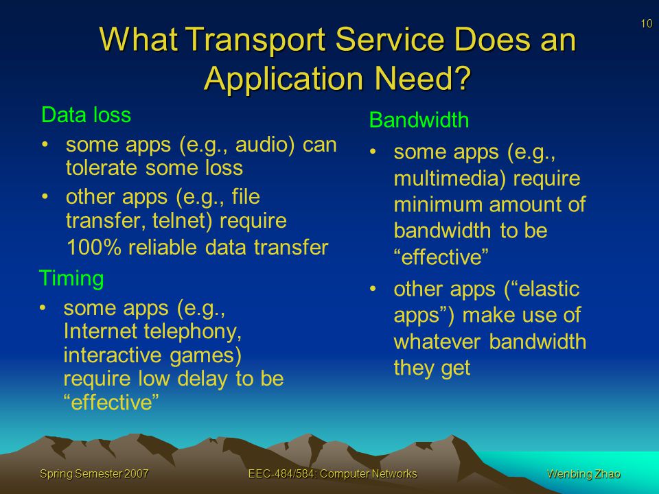 10 Spring Semester 2007EEC-484/584: Computer NetworksWenbing Zhao What Transport Service Does an Application Need.