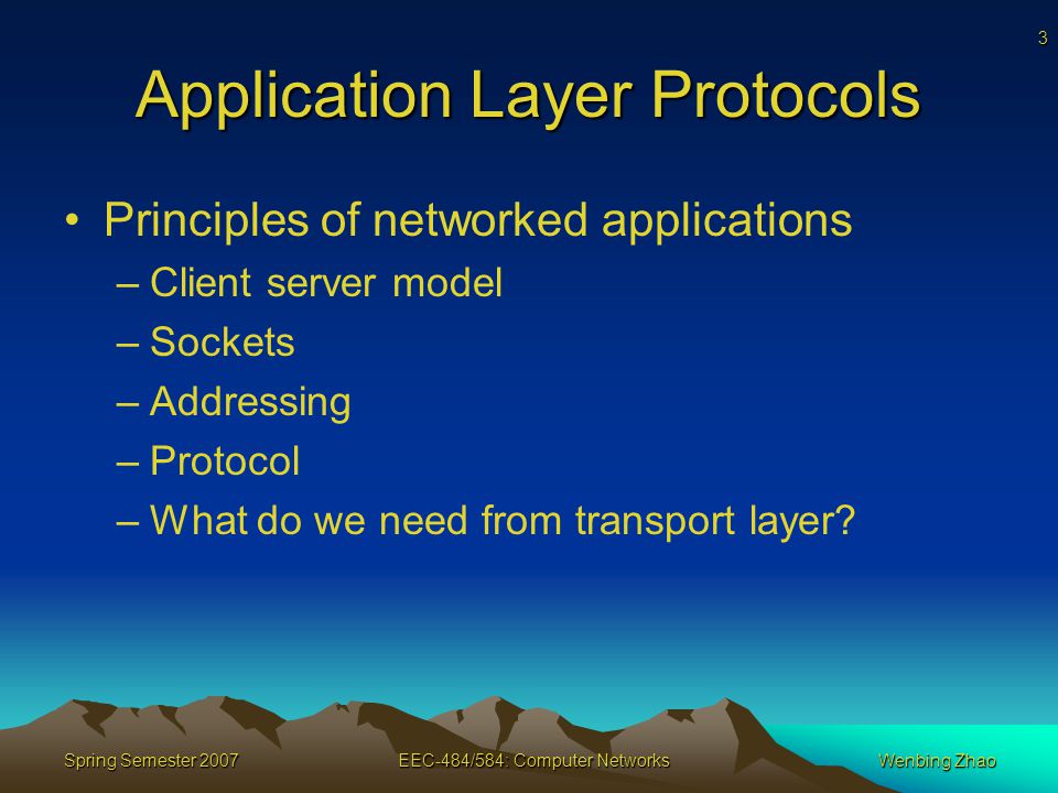 3 Spring Semester 2007EEC-484/584: Computer NetworksWenbing Zhao Application Layer Protocols Principles of networked applications –Client server model –Sockets –Addressing –Protocol –What do we need from transport layer
