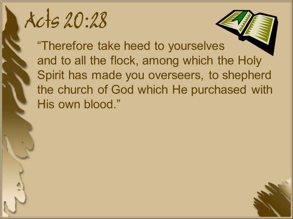 Acts 20:28 Therefore take heed to yourselves and to all the flock, among which the Holy Spirit has made you overseers, to shepherd the church of God which He purchased with His own blood.
