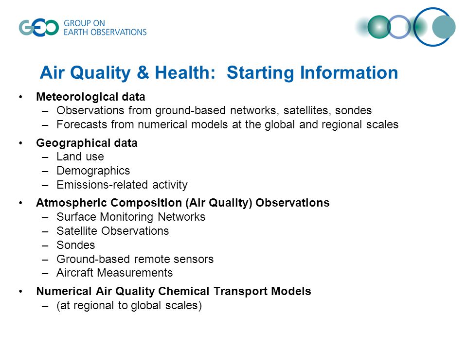 Air Quality & Health:Starting Information Meteorological data –Observations from ground-based networks, satellites, sondes –Forecasts from numerical models at the global and regional scales Geographical data –Land use –Demographics –Emissions-related activity Atmospheric Composition (Air Quality) Observations –Surface Monitoring Networks –Satellite Observations –Sondes –Ground-based remote sensors –Aircraft Measurements Numerical Air Quality Chemical Transport Models –(at regional to global scales)