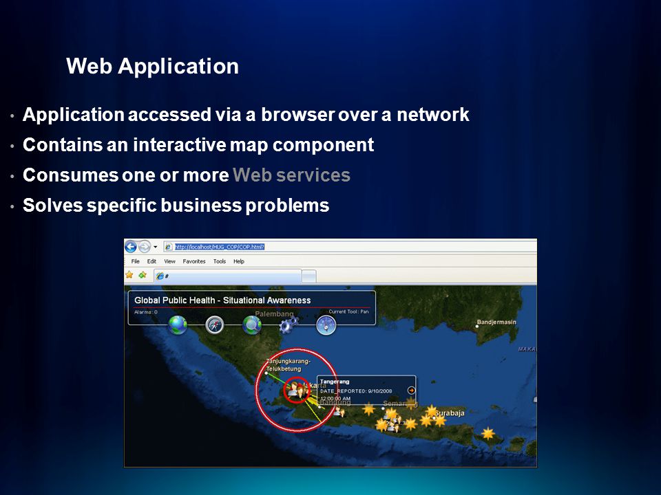 Web Application Application accessed via a browser over a network Contains an interactive map component Consumes one or more Web services Solves specific business problems