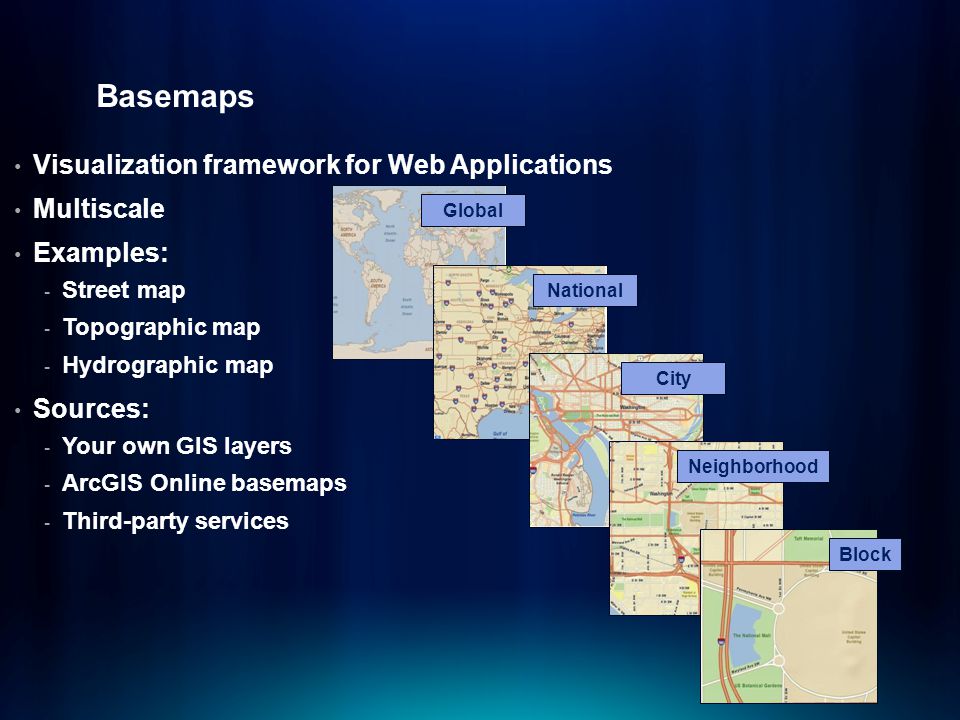 Basemaps Visualization framework for Web Applications Multiscale Examples: - Street map - Topographic map - Hydrographic map Sources: - Your own GIS layers - ArcGIS Online basemaps - Third-party services Global National City Neighborhood Block