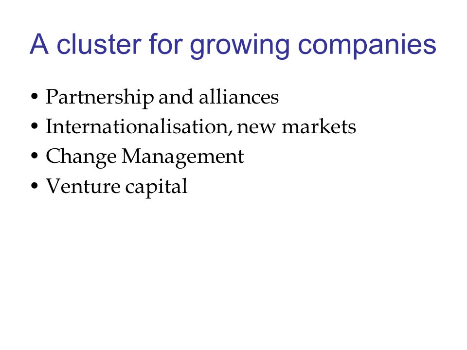 A cluster for growing companies Partnership and alliances Internationalisation, new markets Change Management Venture capital