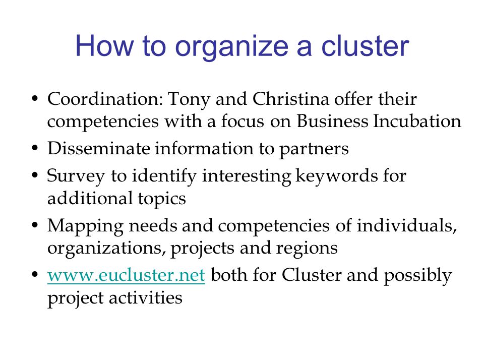 How to organize a cluster Coordination: Tony and Christina offer their competencies with a focus on Business Incubation Disseminate information to partners Survey to identify interesting keywords for additional topics Mapping needs and competencies of individuals, organizations, projects and regions   both for Cluster and possibly project activitieswww.eucluster.net