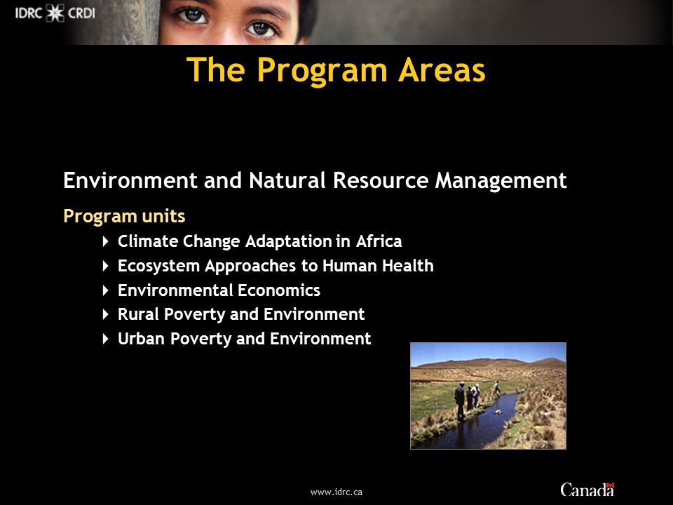 The Program Areas Environment and Natural Resource Management Program units  Climate Change Adaptation in Africa  Ecosystem Approaches to Human Health  Environmental Economics  Rural Poverty and Environment  Urban Poverty and Environment
