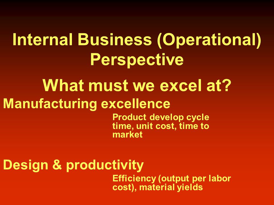 Internal Business (Operational) Perspective What must we excel at.