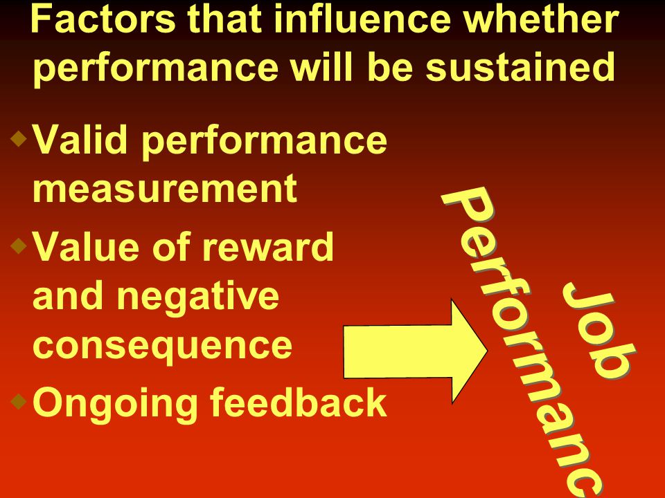  Valid performance measurement  Value of reward and negative consequence  Ongoing feedback Job Performance Job Performance Factors that influence whether performance will be sustained