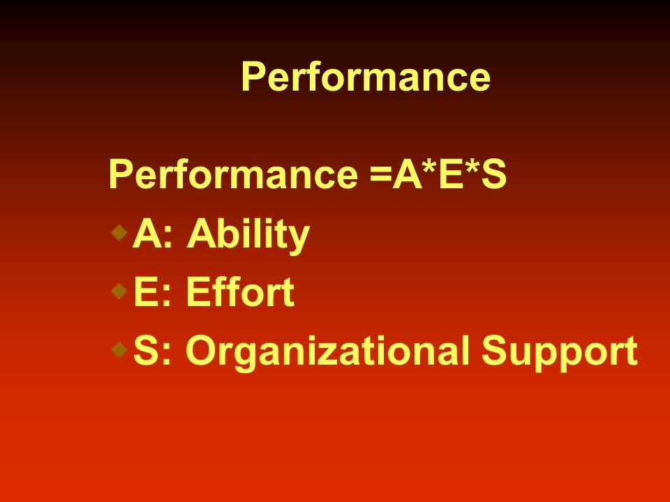 Performance Performance =A*E*S  A: Ability  E: Effort  S: Organizational Support