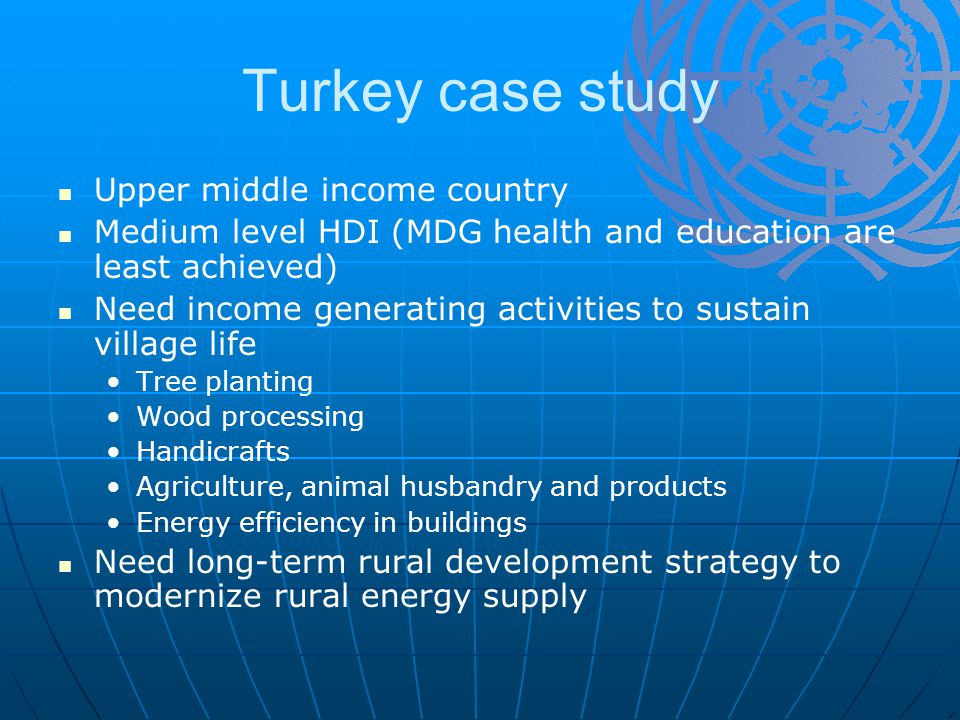 Turkey case study Upper middle income country Medium level HDI (MDG health and education are least achieved) Need income generating activities to sustain village life Tree planting Wood processing Handicrafts Agriculture, animal husbandry and products Energy efficiency in buildings Need long-term rural development strategy to modernize rural energy supply