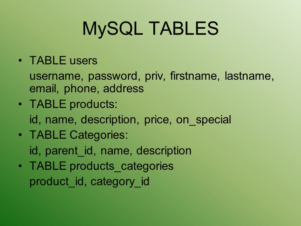MySQL TABLES TABLE users username, password, priv, firstname, lastname,  , phone, address TABLE products: id, name, description, price, on_special TABLE Categories: id, parent_id, name, description TABLE products_categories product_id, category_id