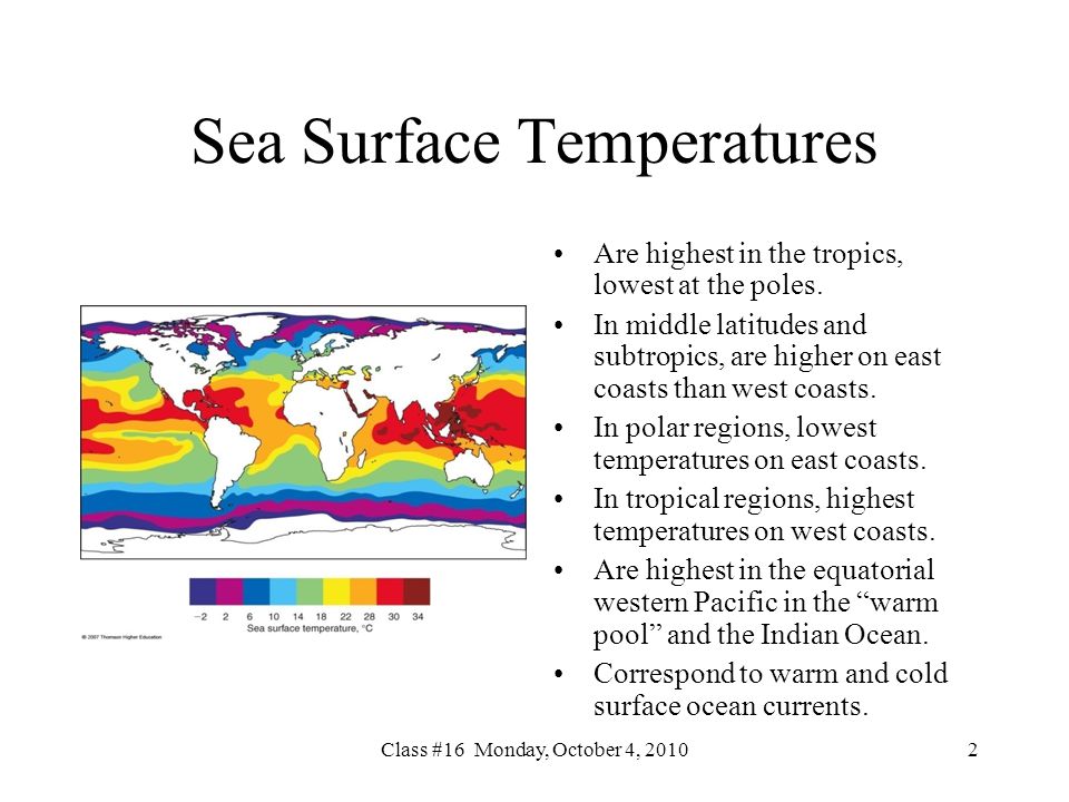 Class #16 Monday, October 4, Sea Surface Temperatures Are highest in the tropics, lowest at the poles.