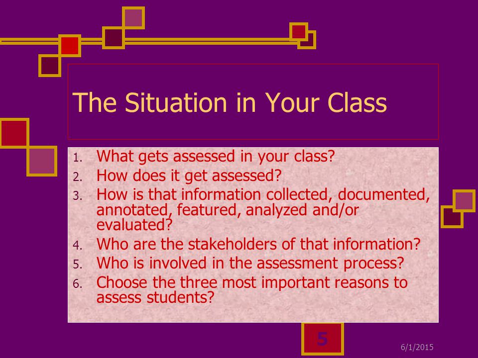 6/1/ The Situation in Your Class 1. What gets assessed in your class.