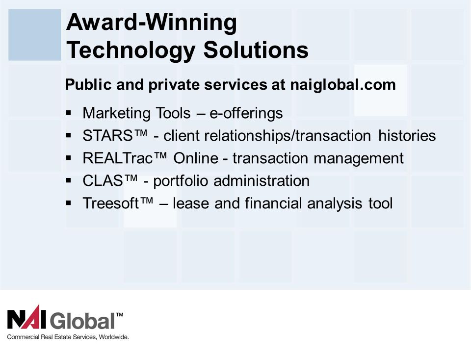 14  Marketing Tools – e-offerings  STARS™ - client relationships/transaction histories  REALTrac™ Online - transaction management  CLAS™ - portfolio administration  Treesoft™ – lease and financial analysis tool Public and private services at naiglobal.com Award-Winning Technology Solutions