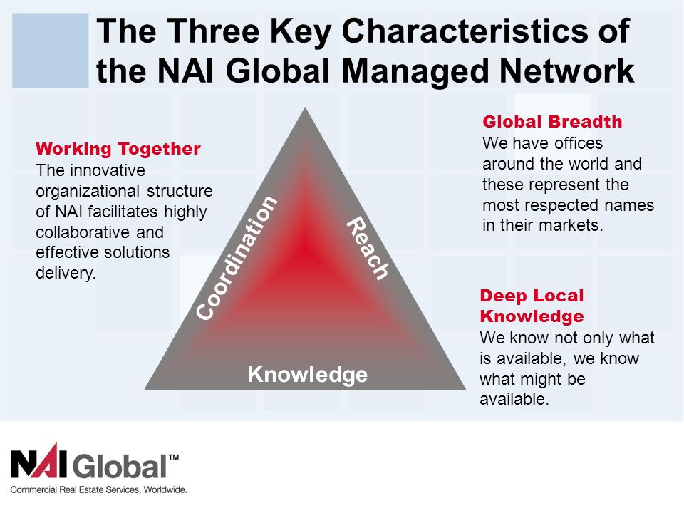 7 The Three Key Characteristics of the NAI Global Managed Network Working Together The innovative organizational structure of NAI facilitates highly collaborative and effective solutions delivery.