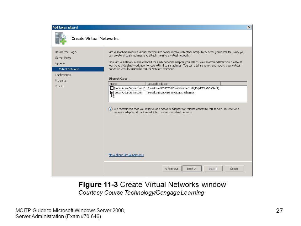 MCITP Guide to Microsoft Windows Server 2008, Server Administration (Exam #70-646) 27 Figure 11-3 Create Virtual Networks window Courtesy Course Technology/Cengage Learning