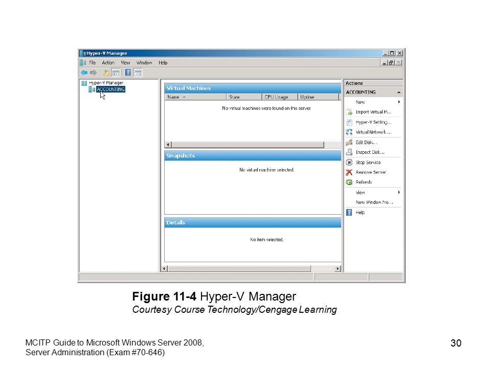 MCITP Guide to Microsoft Windows Server 2008, Server Administration (Exam #70-646) 30 Figure 11-4 Hyper-V Manager Courtesy Course Technology/Cengage Learning