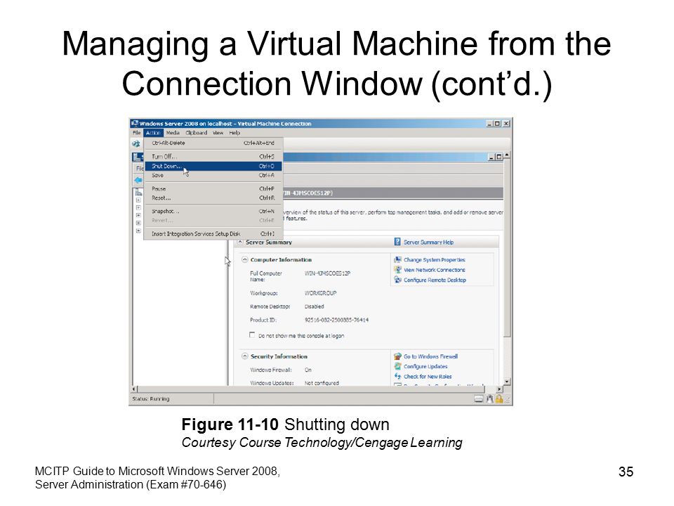 Managing a Virtual Machine from the Connection Window (cont’d.) MCITP Guide to Microsoft Windows Server 2008, Server Administration (Exam #70-646) 35 Figure Shutting down Courtesy Course Technology/Cengage Learning