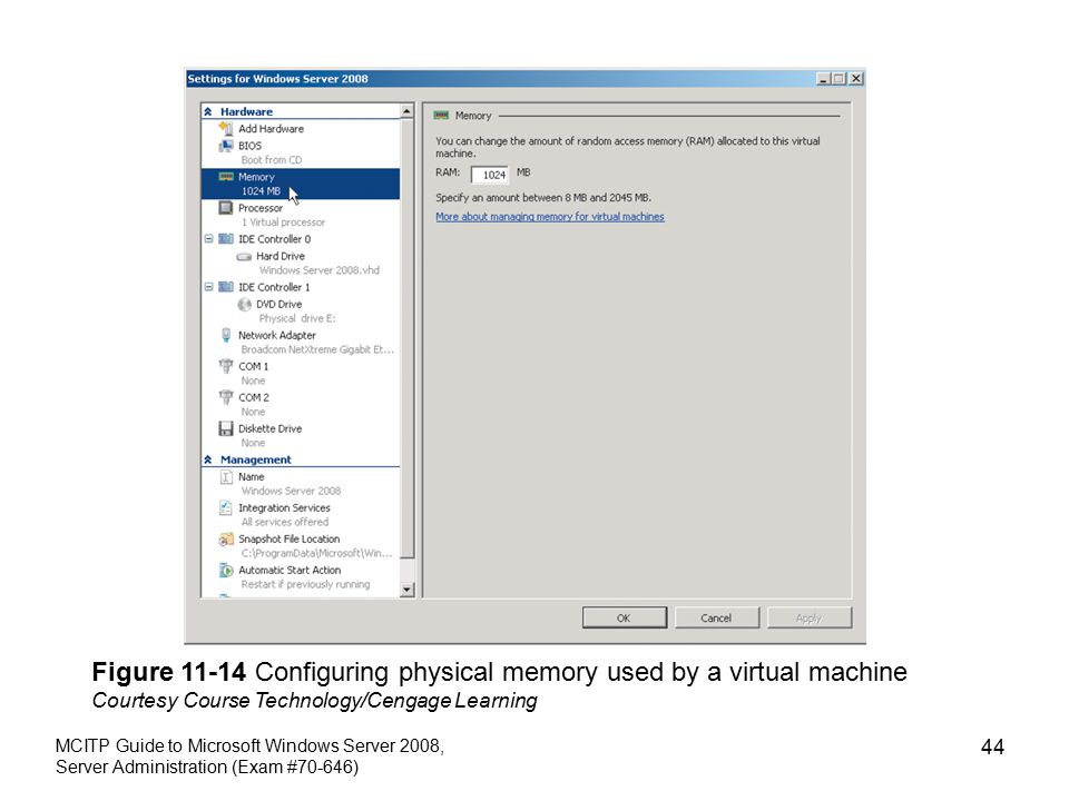 MCITP Guide to Microsoft Windows Server 2008, Server Administration (Exam #70-646) 44 Figure Configuring physical memory used by a virtual machine Courtesy Course Technology/Cengage Learning