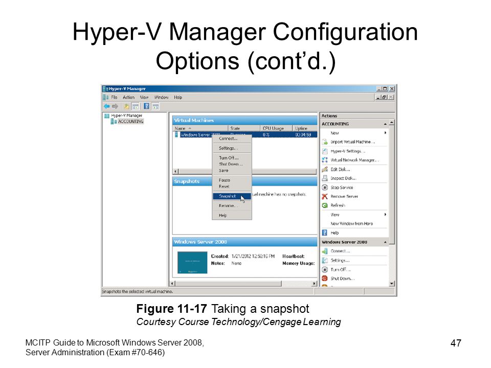 Hyper-V Manager Configuration Options (cont’d.) MCITP Guide to Microsoft Windows Server 2008, Server Administration (Exam #70-646) 47 Figure Taking a snapshot Courtesy Course Technology/Cengage Learning
