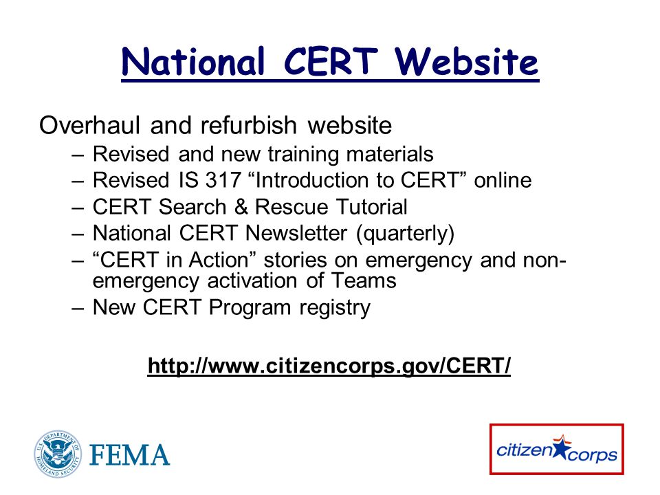 National CERT Website Overhaul and refurbish website –Revised and new training materials –Revised IS 317 Introduction to CERT online –CERT Search & Rescue Tutorial –National CERT Newsletter (quarterly) – CERT in Action stories on emergency and non- emergency activation of Teams –New CERT Program registry