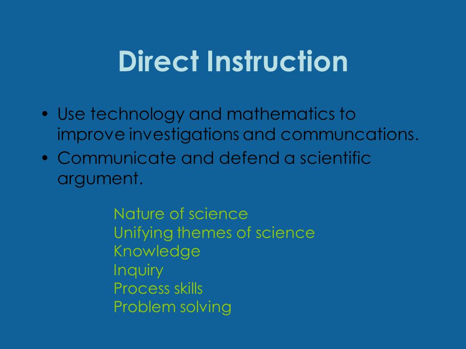 Direct Instruction Use technology and mathematics to improve investigations and communcations.