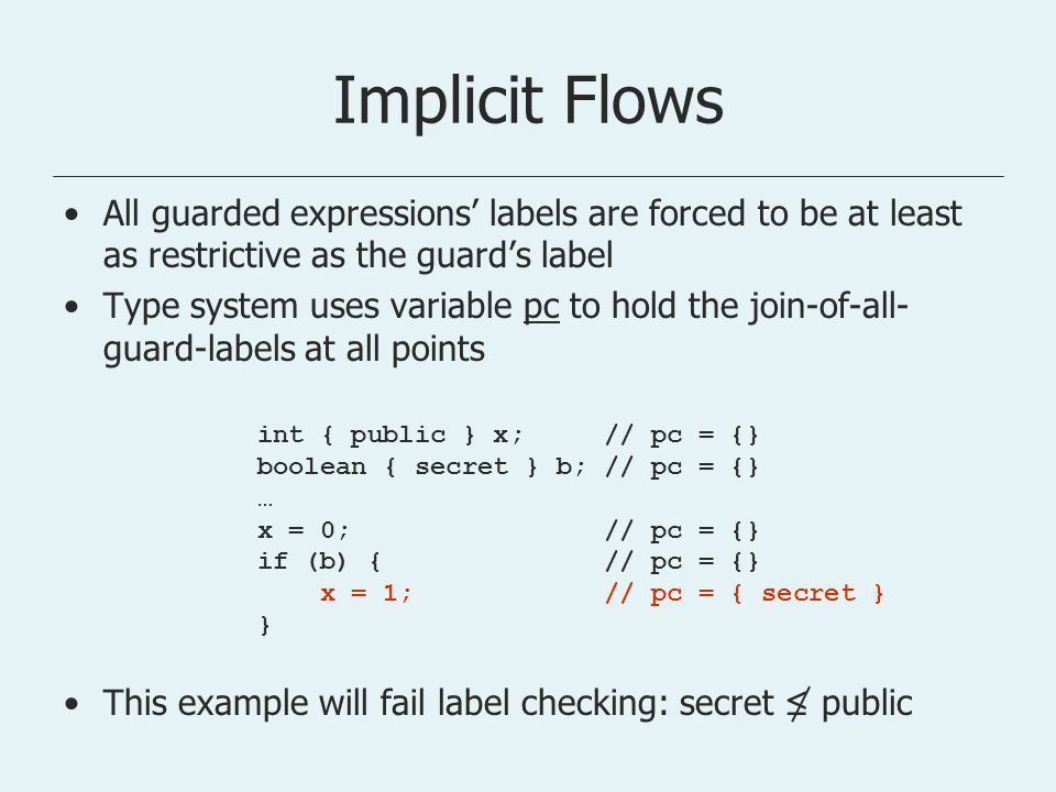Implicit Flows All guarded expressions’ labels are forced to be at least as restrictive as the guard’s label Type system uses variable pc to hold the join-of-all- guard-labels at all points This example will fail label checking: secret ≤ public int { public } x; // pc = {} boolean { secret } b; // pc = {} … x = 0; // pc = {} if (b) { // pc = {} x = 1; // pc = { secret } }