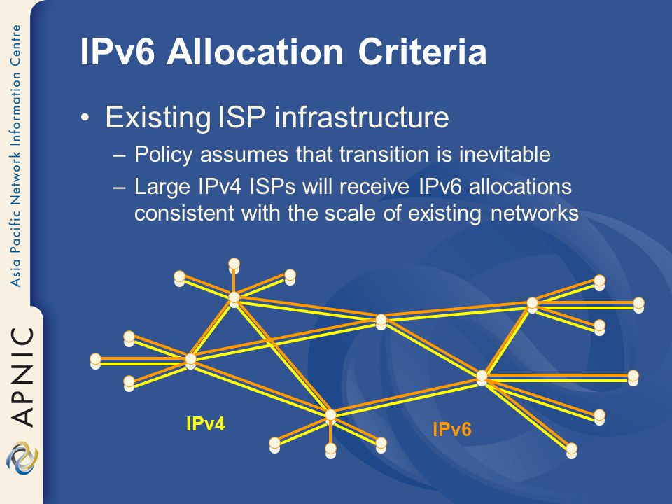 IPv4 IPv6 Allocation Criteria Existing ISP infrastructure –Policy assumes that transition is inevitable –Large IPv4 ISPs will receive IPv6 allocations consistent with the scale of existing networks IPv6