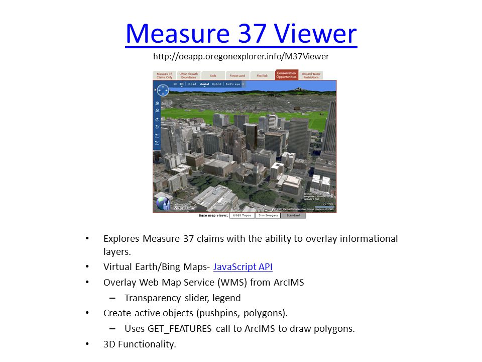 Measure 37 Viewer Measure 37 Viewer   Explores Measure 37 claims with the ability to overlay informational layers.