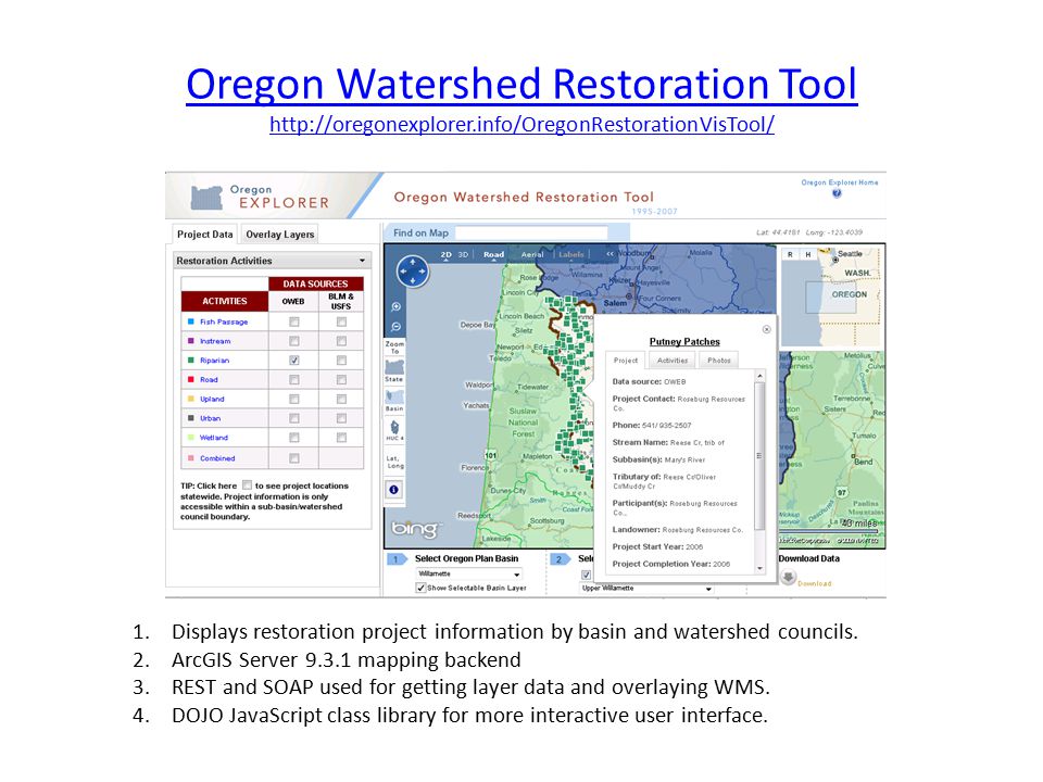 Oregon Watershed Restoration Tool   1.Displays restoration project information by basin and watershed councils.