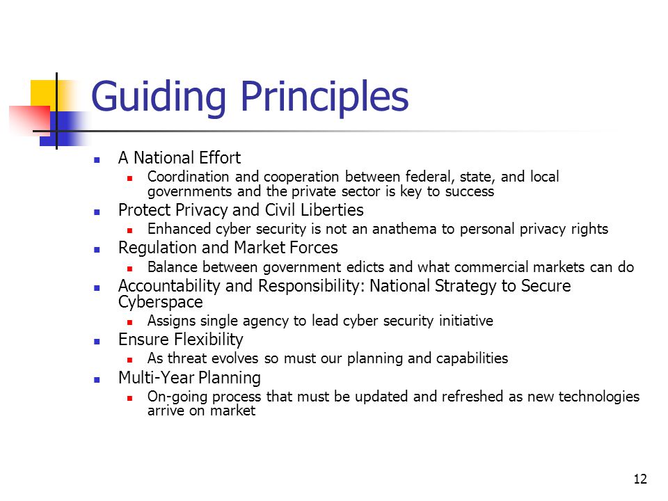 12 Guiding Principles A National Effort Coordination and cooperation between federal, state, and local governments and the private sector is key to success Protect Privacy and Civil Liberties Enhanced cyber security is not an anathema to personal privacy rights Regulation and Market Forces Balance between government edicts and what commercial markets can do Accountability and Responsibility: National Strategy to Secure Cyberspace Assigns single agency to lead cyber security initiative Ensure Flexibility As threat evolves so must our planning and capabilities Multi-Year Planning On-going process that must be updated and refreshed as new technologies arrive on market