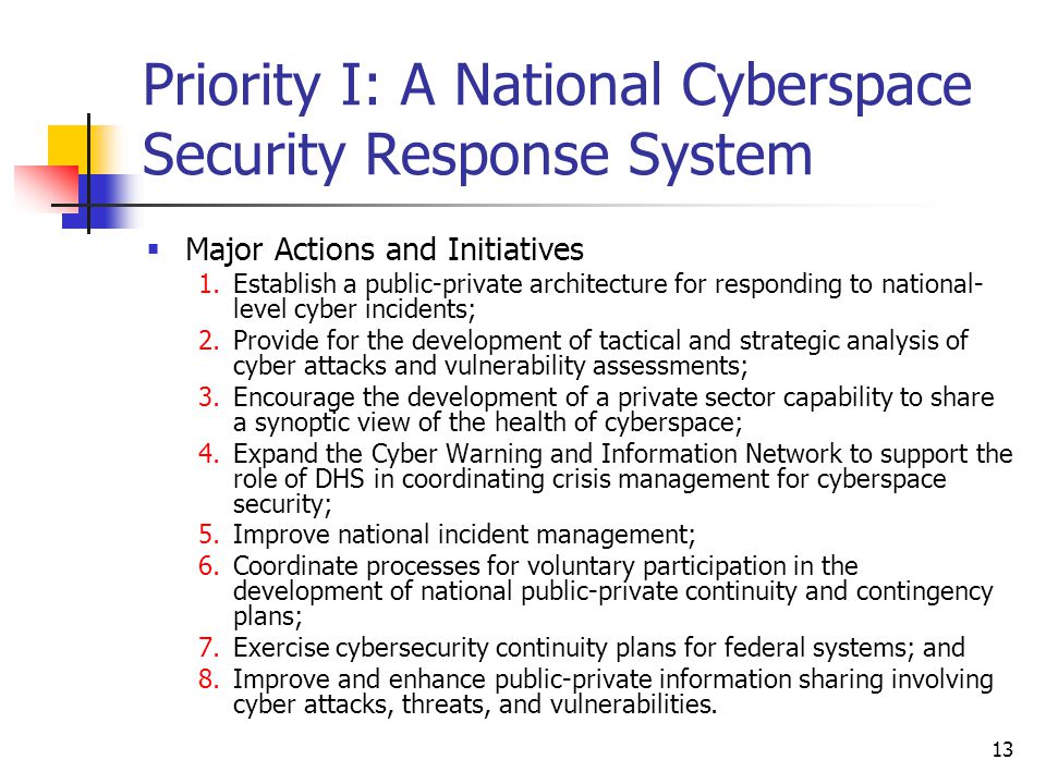 13 Priority I: A National Cyberspace Security Response System  Major Actions and Initiatives 1.Establish a public-private architecture for responding to national- level cyber incidents; 2.Provide for the development of tactical and strategic analysis of cyber attacks and vulnerability assessments; 3.Encourage the development of a private sector capability to share a synoptic view of the health of cyberspace; 4.Expand the Cyber Warning and Information Network to support the role of DHS in coordinating crisis management for cyberspace security; 5.Improve national incident management; 6.Coordinate processes for voluntary participation in the development of national public-private continuity and contingency plans; 7.Exercise cybersecurity continuity plans for federal systems; and 8.Improve and enhance public-private information sharing involving cyber attacks, threats, and vulnerabilities.