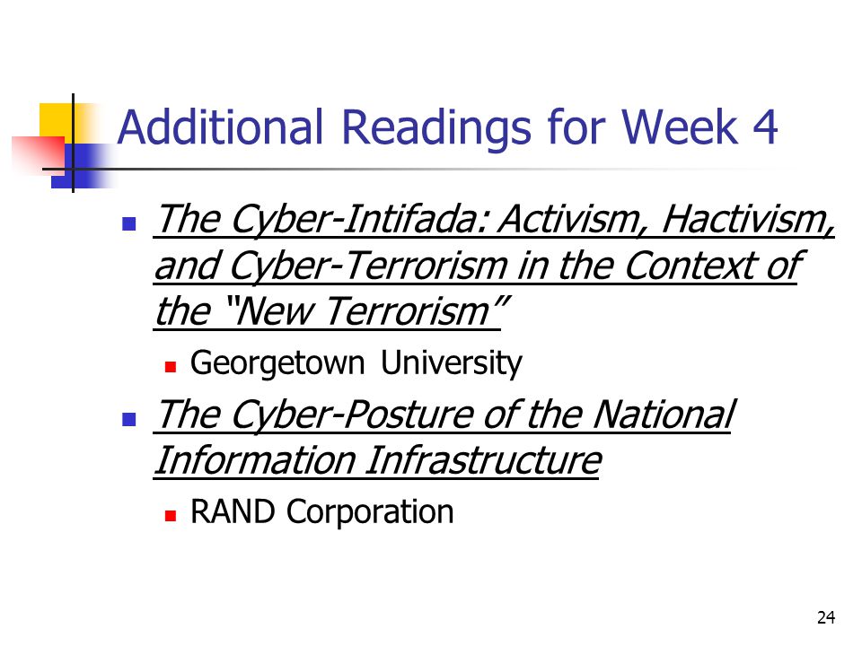 24 Additional Readings for Week 4 The Cyber-Intifada: Activism, Hactivism, and Cyber-Terrorism in the Context of the New Terrorism Georgetown University The Cyber-Posture of the National Information Infrastructure RAND Corporation