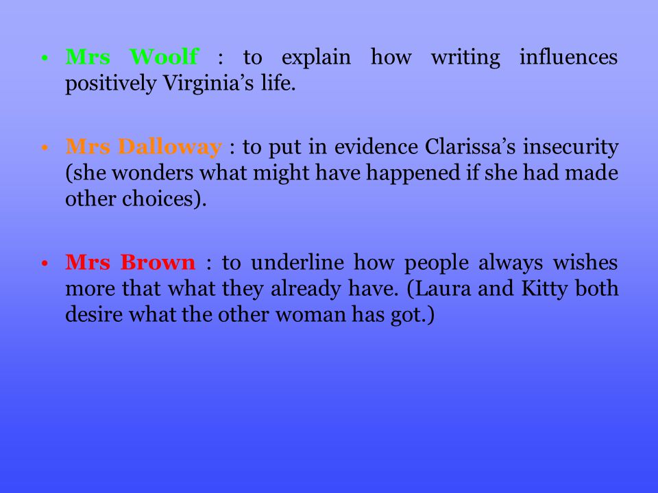 Mrs Woolf : to explain how writing influences positively Virginia’s life.