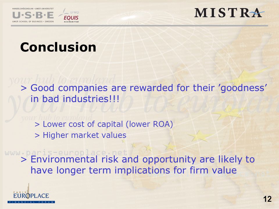 12 Conclusion >Good companies are rewarded for their ’goodness’ in bad industries!!.