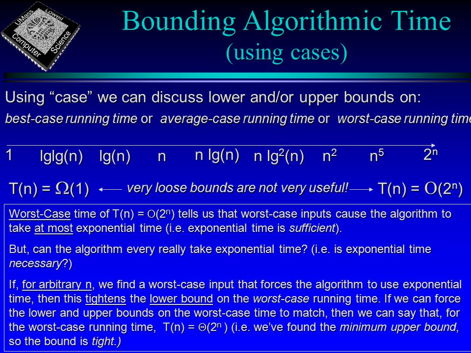 Bounding Algorithmic Time (using cases) n 1 n lg(n) n lg 2 (n) 2n2n2n2n n5n5n5n5 lg(n) lg(n)lglg(n) n2n2n2n2 T(n) =  (1) T(n) =  (2 n ) very loose bounds are not very useful.