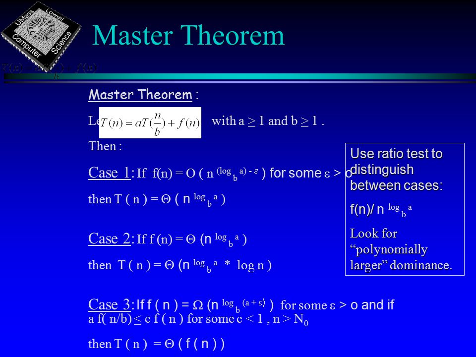 Master Theorem Master Theorem : Let with a > 1 and b > 1.