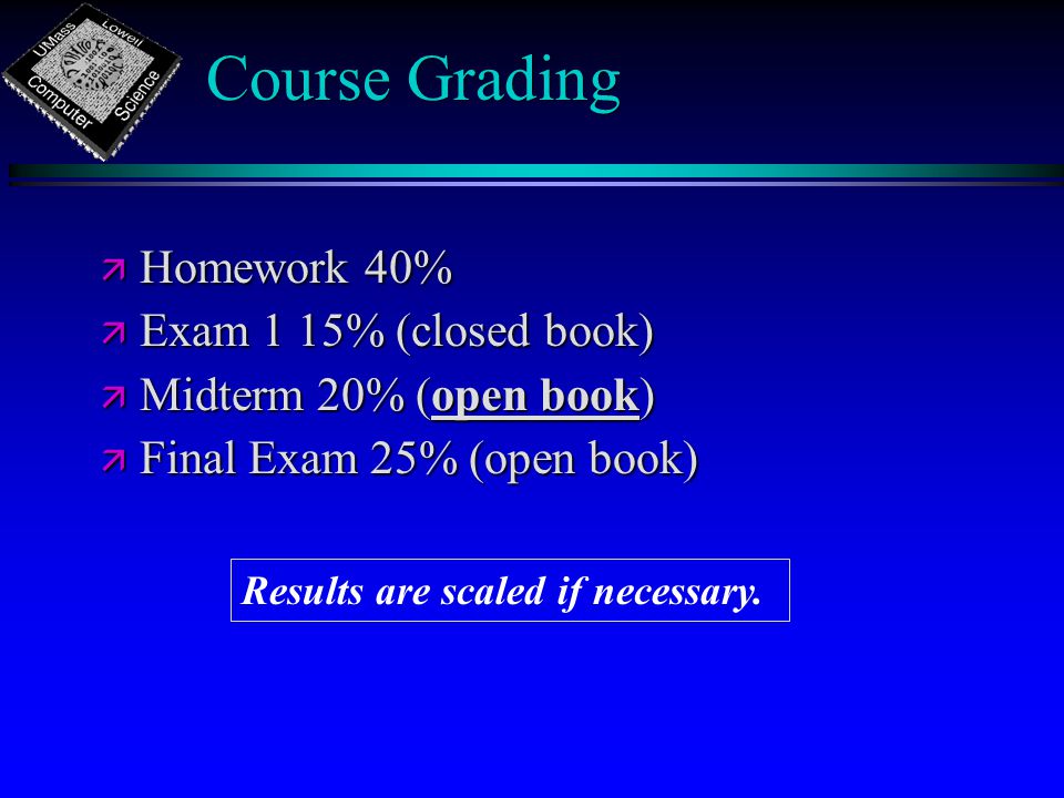 Course Grading ä Homework 40% ä Exam 1 15% (closed book) ä Midterm 20% (open book) ä Final Exam 25% (open book) Results are scaled if necessary.