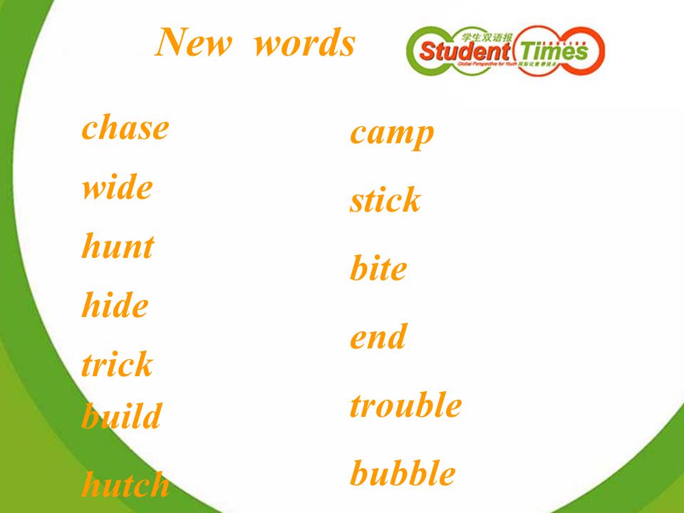 New words chase wide hunt hide trick build hutch camp stick bite end trouble bubble