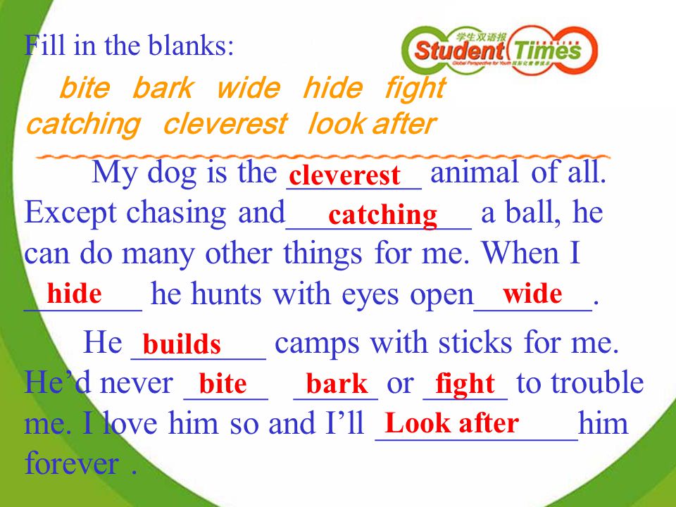 Fill in the blanks: bite bark wide hide fight catching cleverest look after My dog is the ________ animal of all.