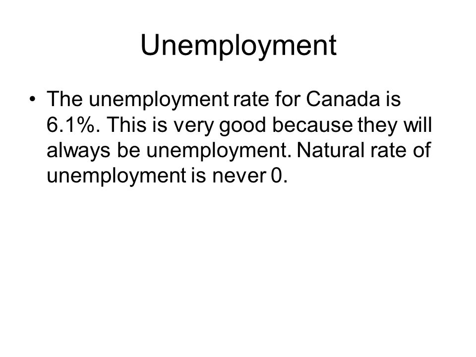 Unemployment The unemployment rate for Canada is 6.1%.