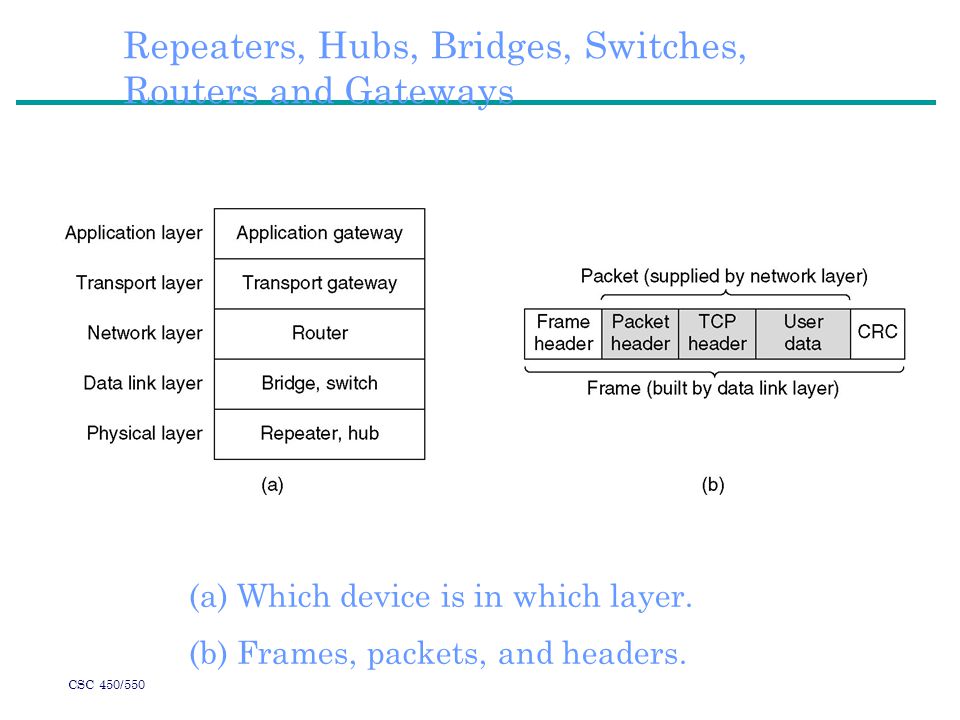 CSC 450/550 Repeaters, Hubs, Bridges, Switches, Routers and Gateways (a) Which device is in which layer.