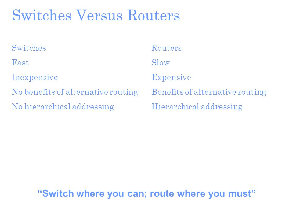 Switches Versus Routers Switches Fast Inexpensive No benefits of alternative routing No hierarchical addressing Routers Slow Expensive Benefits of alternative routing Hierarchical addressing Switch where you can; route where you must