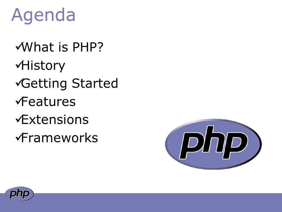 Agenda What is PHP History Getting Started Features Extensions Frameworks