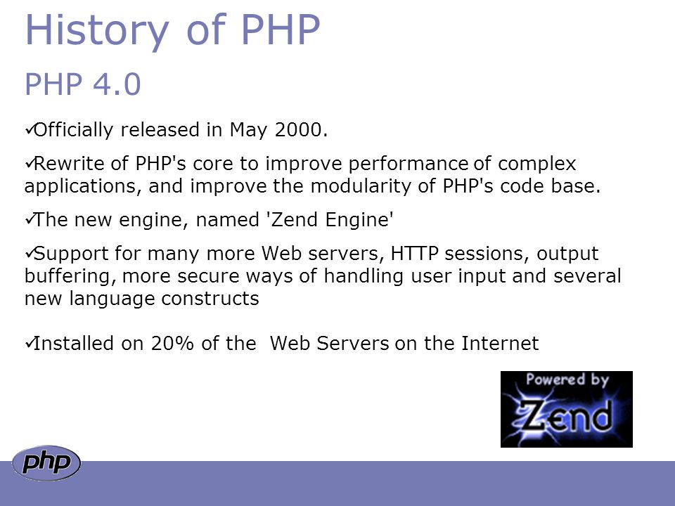 History of PHP PHP 4.0 Officially released in May 2000.