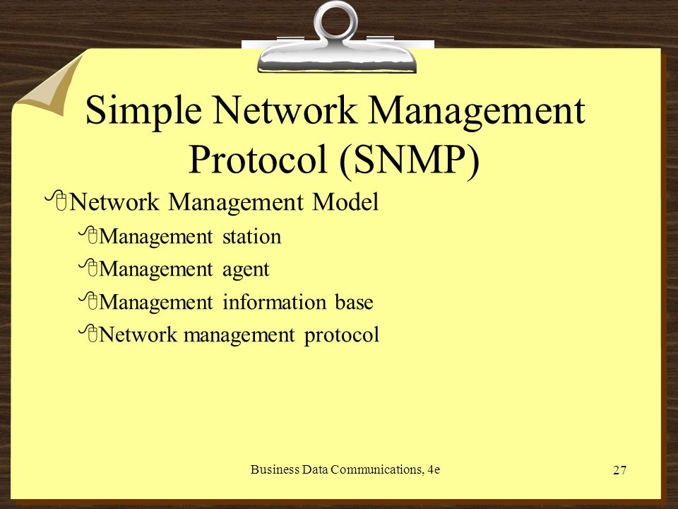 Business Data Communications, 4e 27 Simple Network Management Protocol (SNMP) 8Network Management Model 8Management station 8Management agent 8Management information base 8Network management protocol