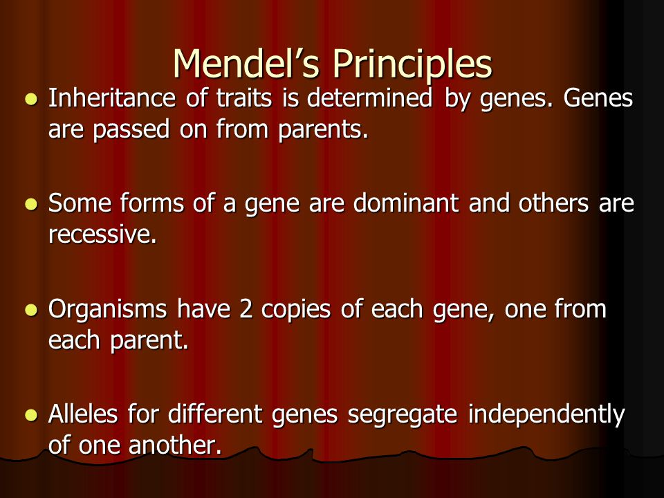 Mendel’s Principles Inheritance of traits is determined by genes.